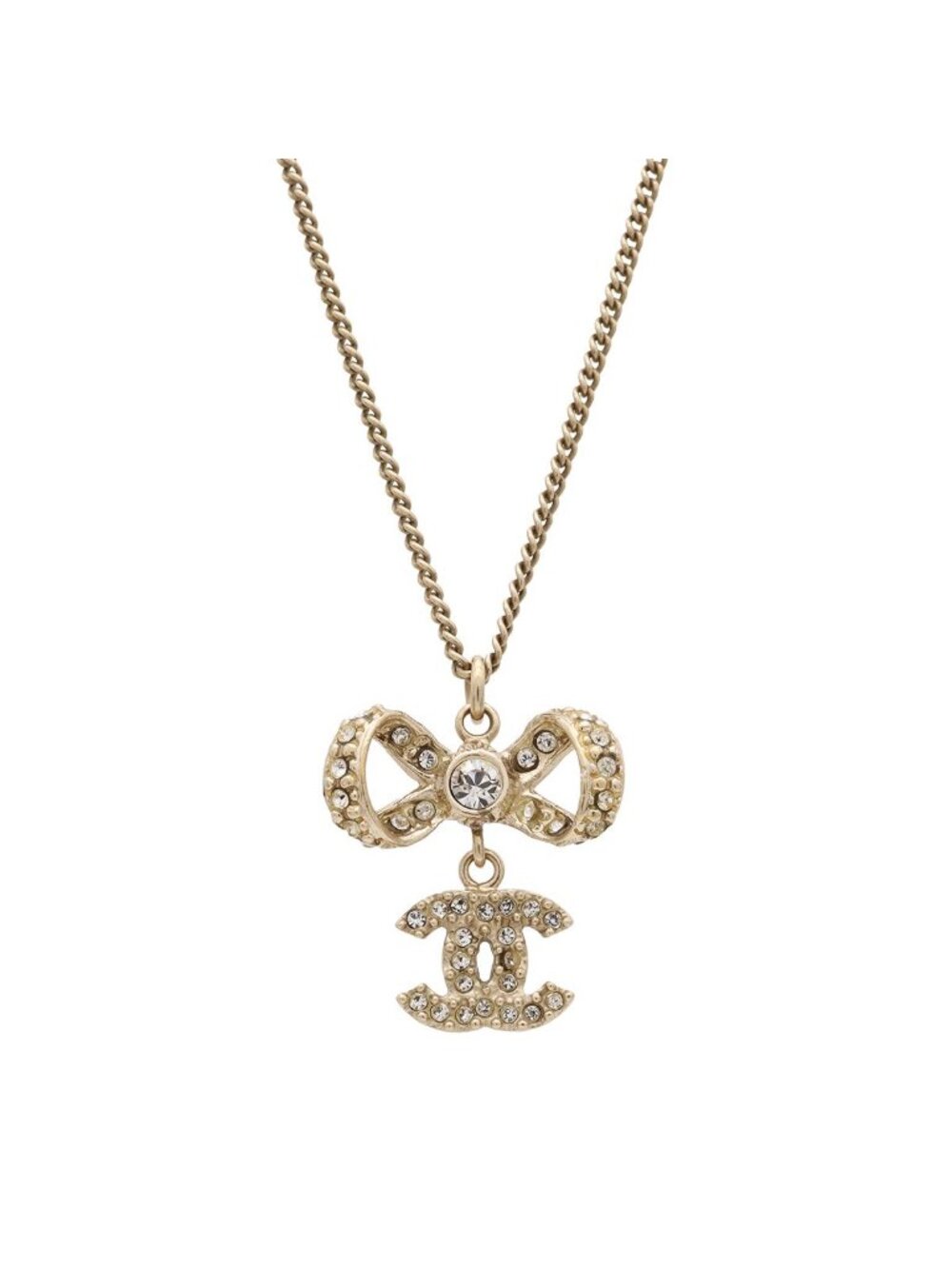 Chanel CC Logo Ribbon Motif Pendant Rhinestone Gold 10P Necklace
